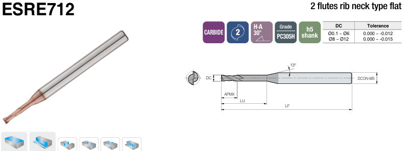 D2 X 2 X 12 X 50 X 4, 2 FLUTES RIB BALL H-Star Endmill ballnosed, Ball type, 2 flutes H-Star ESRB71202012 PC305H